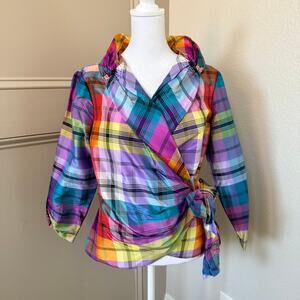 Marisa Baratelli Vintage Thai Silk Multicolor Plaid Crossover Blouse 14